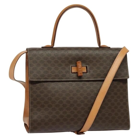 CELINE Macadam Canvas Hand Bag PVC Leather 2way Brown Gold Auth 124072 - Picture 1 of 16